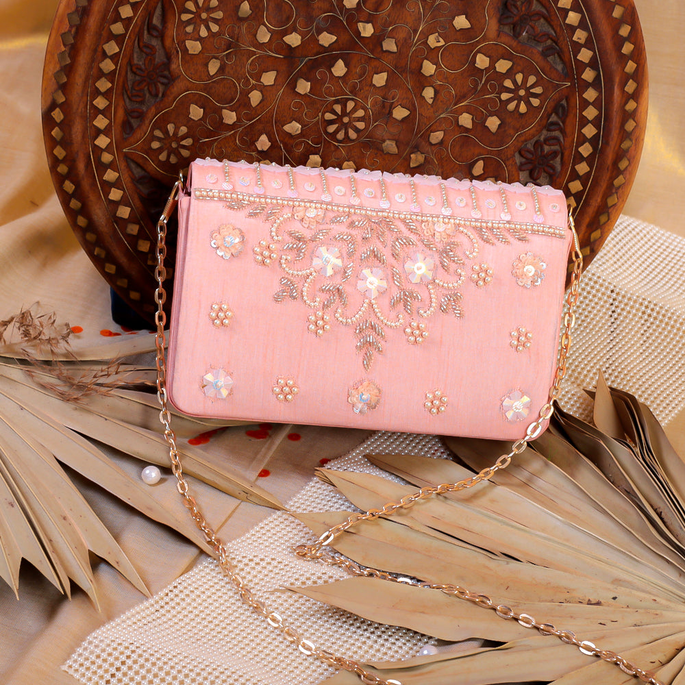 Pink Raw Silk Hand Embroidery Clutch