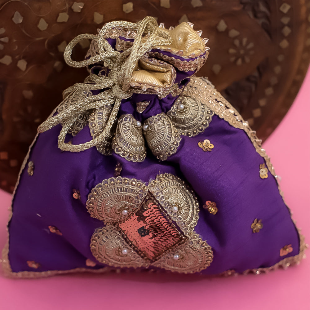 Purple Raw Silk Embroidered Potli Bag