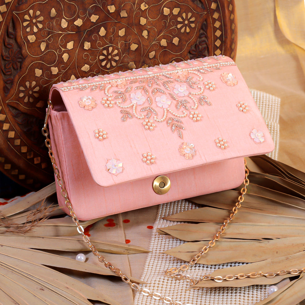 Pink Raw Silk Hand Embroidery Clutch