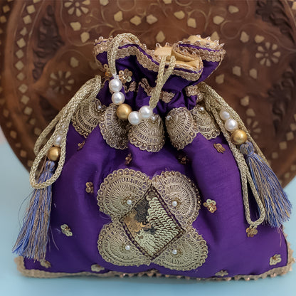 Purple Raw Silk Embroidered Potli Bag