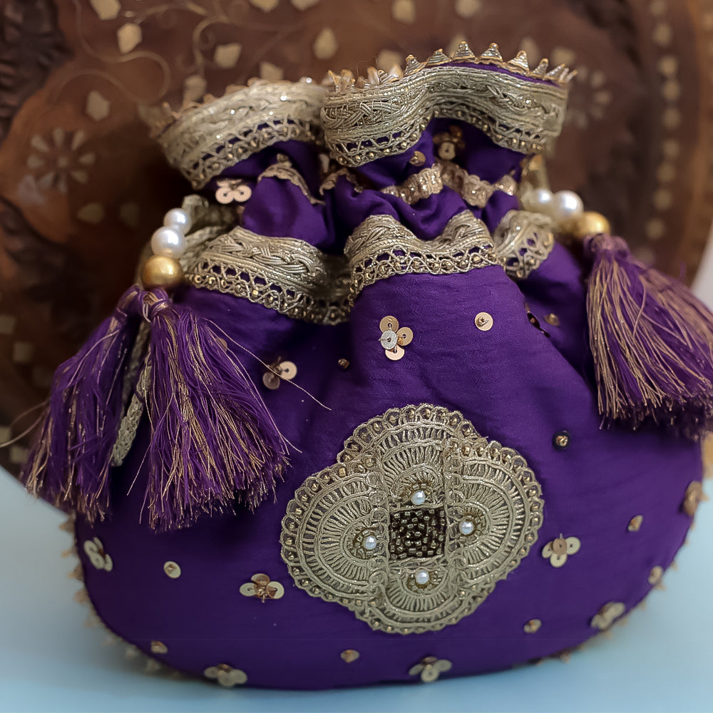 Purple Raw Silk Embroidered Potli Bag