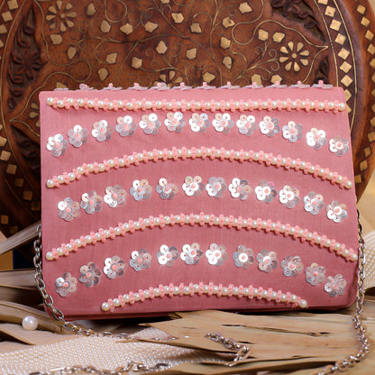 Pink Raw Silk Hand Embroidery Clutch