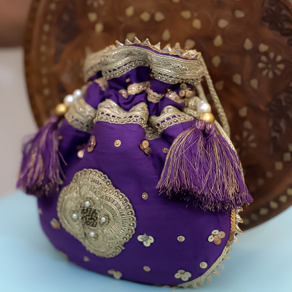 Purple Raw Silk Embroidered Potli Bag