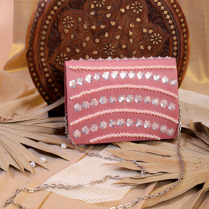 Pink Raw Silk Hand Embroidery Clutch