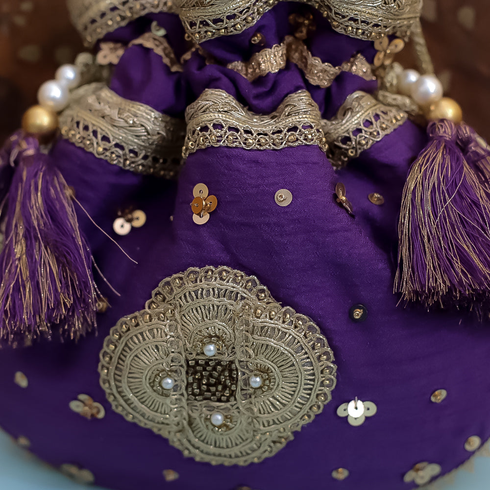 Purple Raw Silk Embroidered Potli Bag