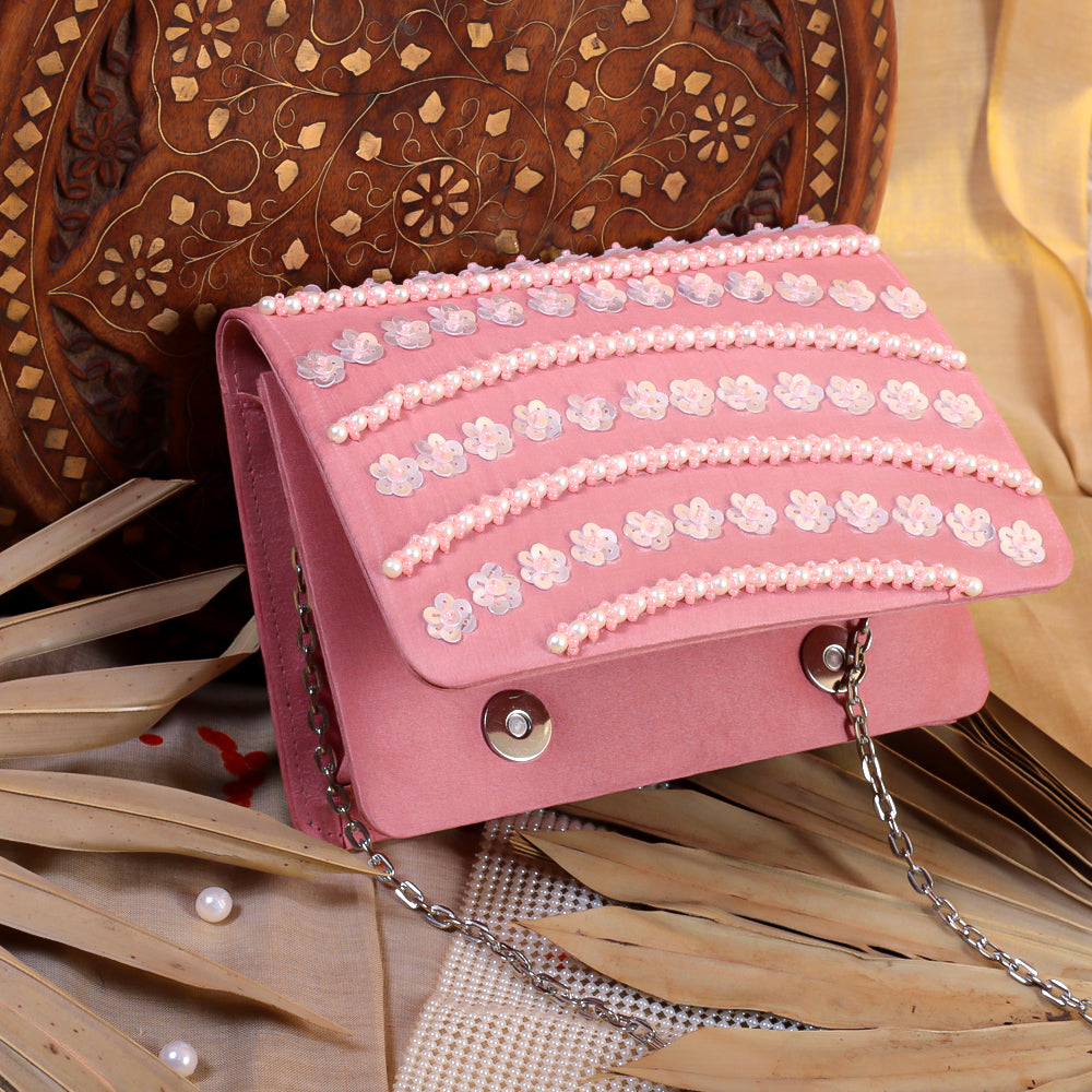 Pink Raw Silk Hand Embroidery Clutch