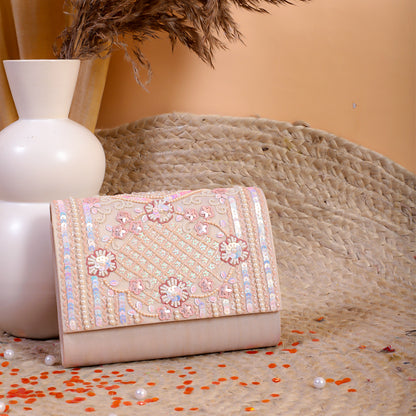 Peach Silk Tissue Hand Embroidery Clutch