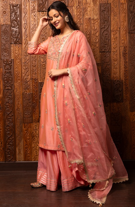 Pink Embroidered Silk Chanderi Kalidar Set