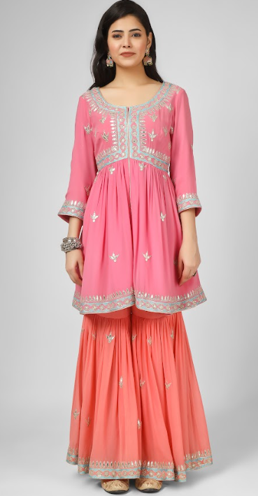 Pink Embroidered Georgette Kurta Sharara Set