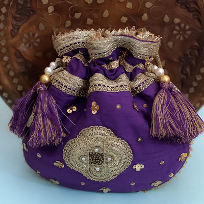 Purple Raw Silk Embroidered Potli Bag