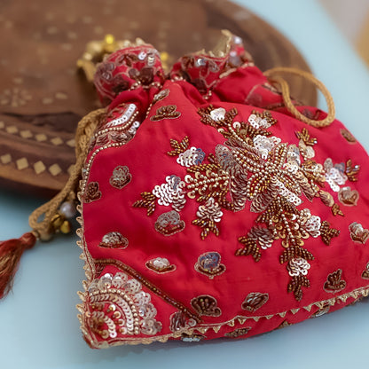 Red Raw Silk Embroidered Potli Bag