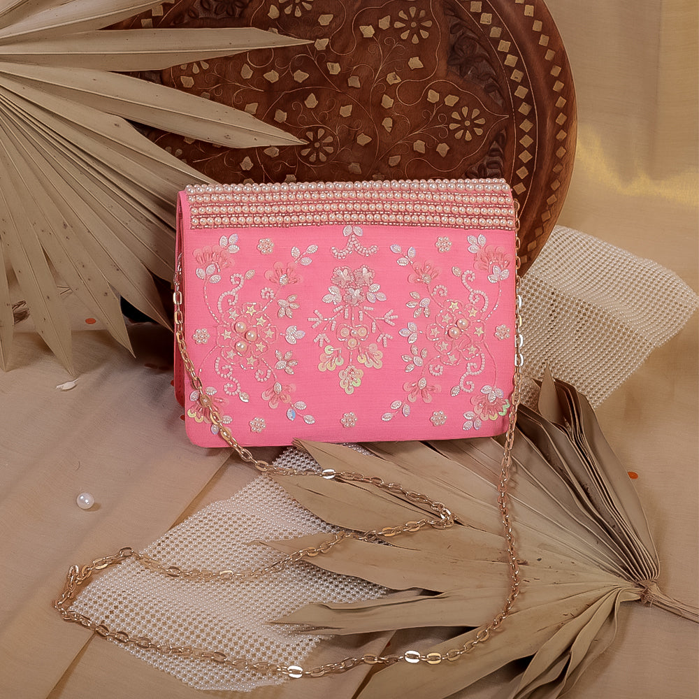 Pink Raw Silk Hand Embroidery Clutch