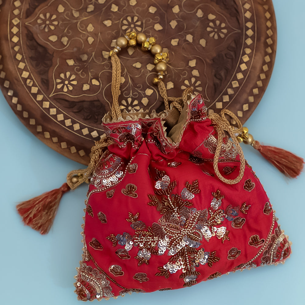 Red Raw Silk Embroidered Potli Bag