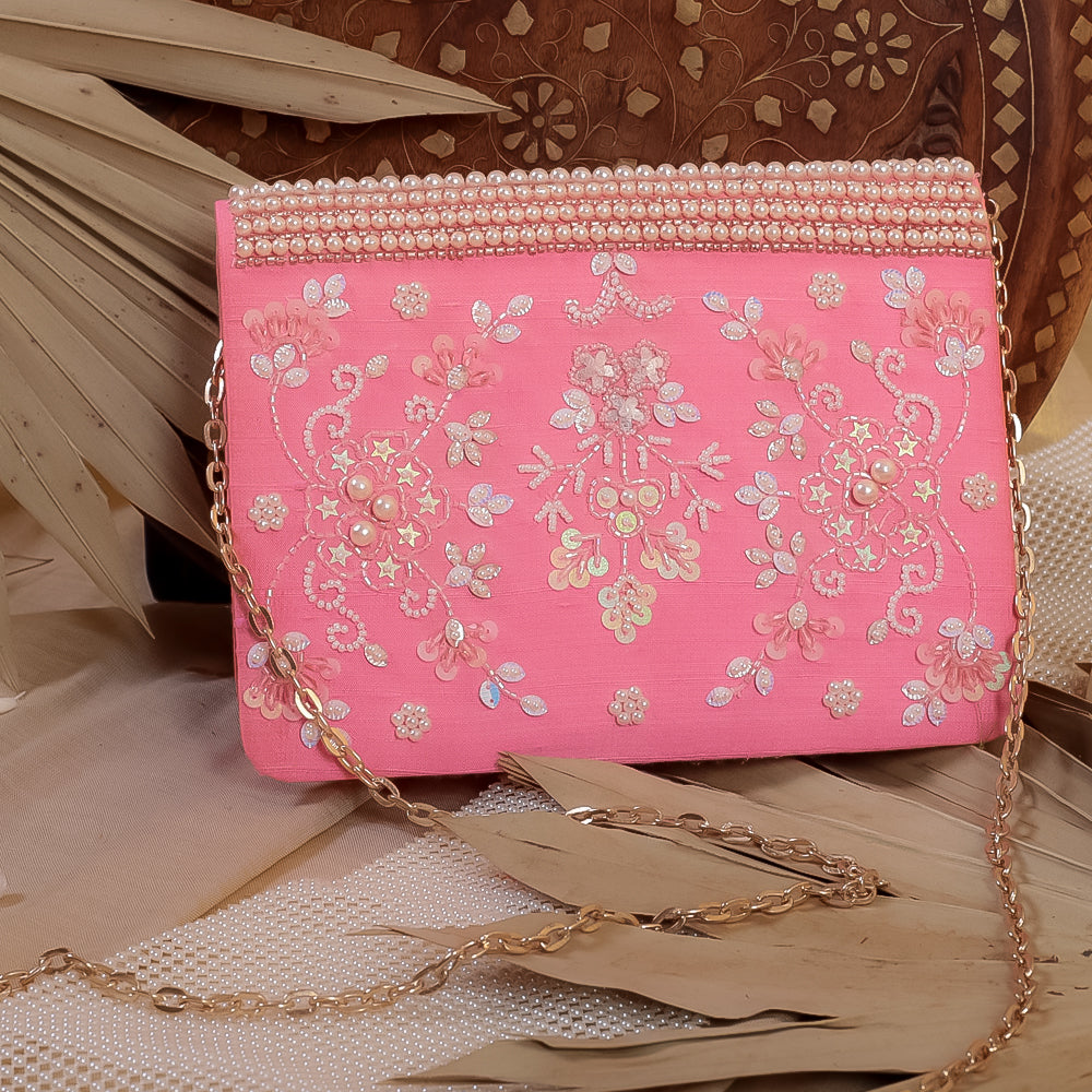 Pink Raw Silk Hand Embroidery Clutch