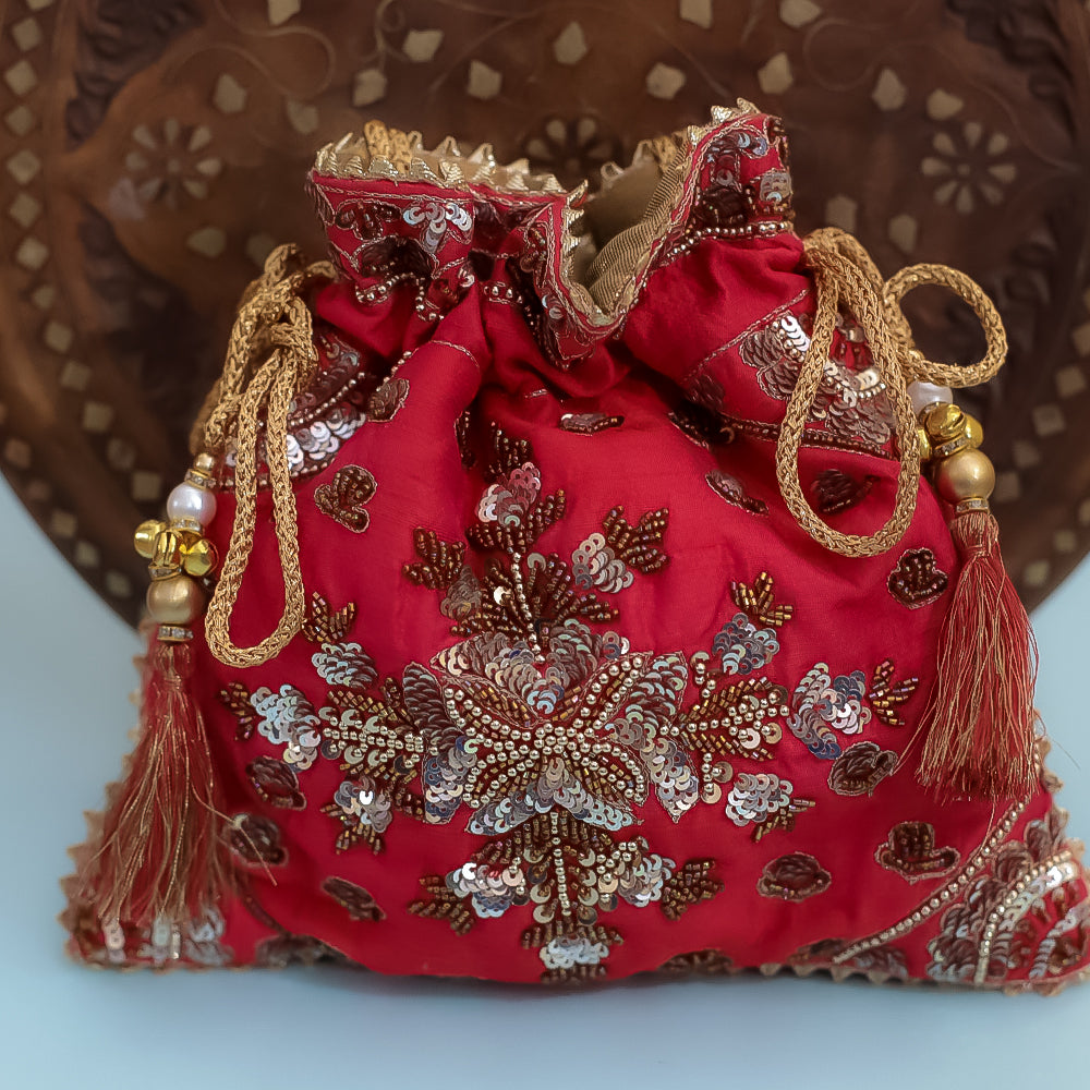 Red Raw Silk Embroidered Potli Bag