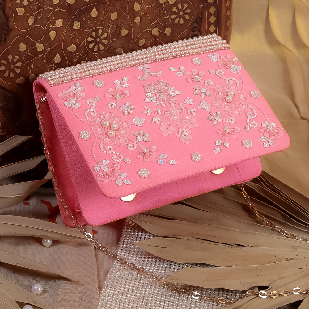 Pink Raw Silk Hand Embroidery Clutch