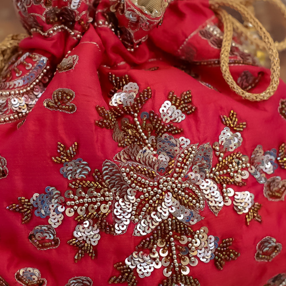 Red Raw Silk Embroidered Potli Bag