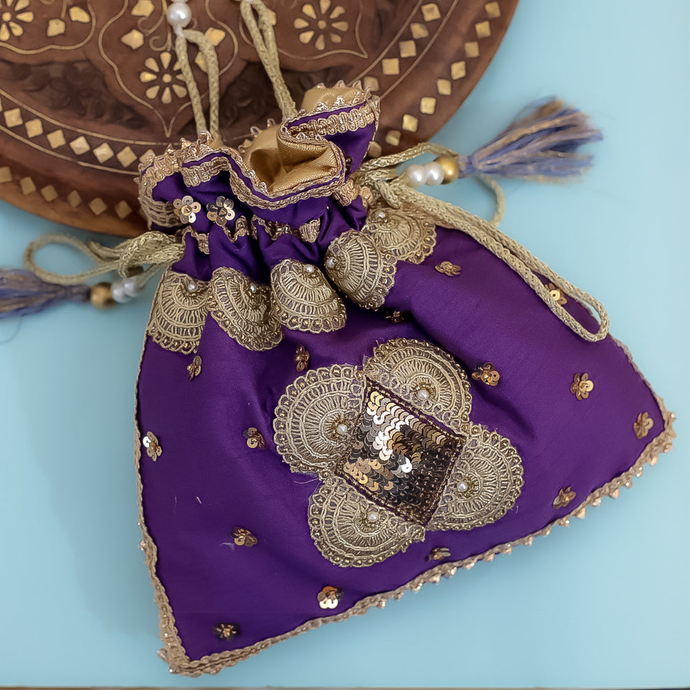 Purple Raw Silk Embroidered Potli Bag