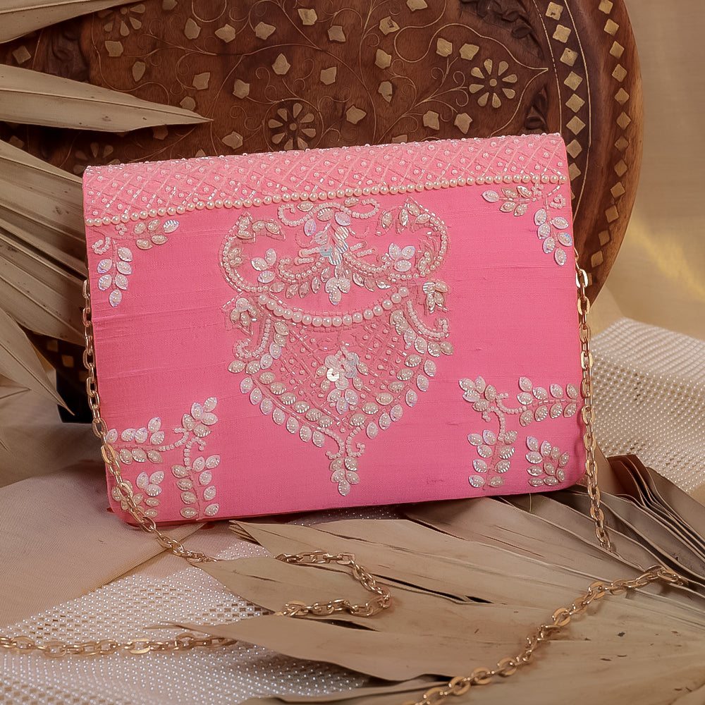 Pink Raw Silk Hand Embroidery Clutch