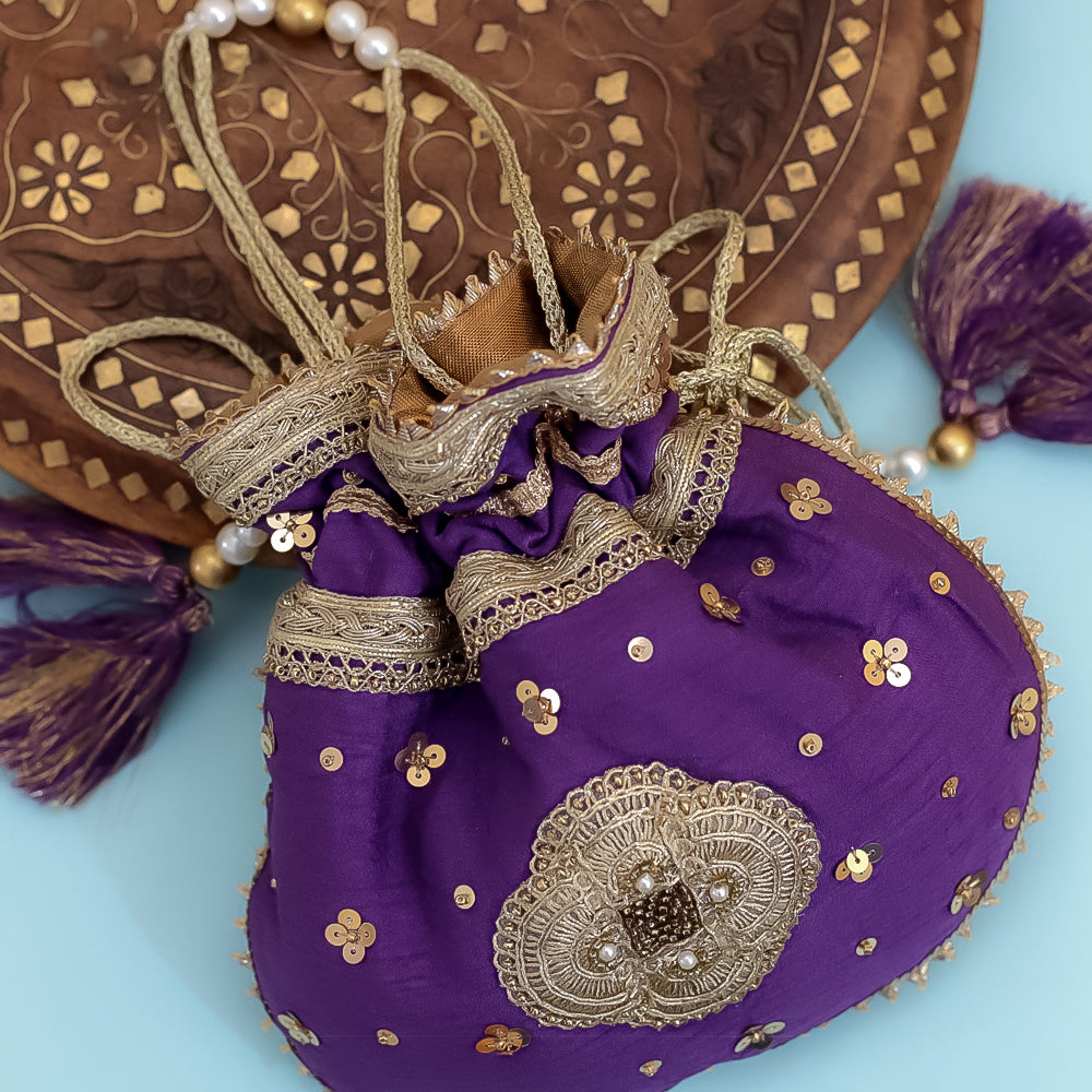 Purple Raw Silk Embroidered Potli Bag