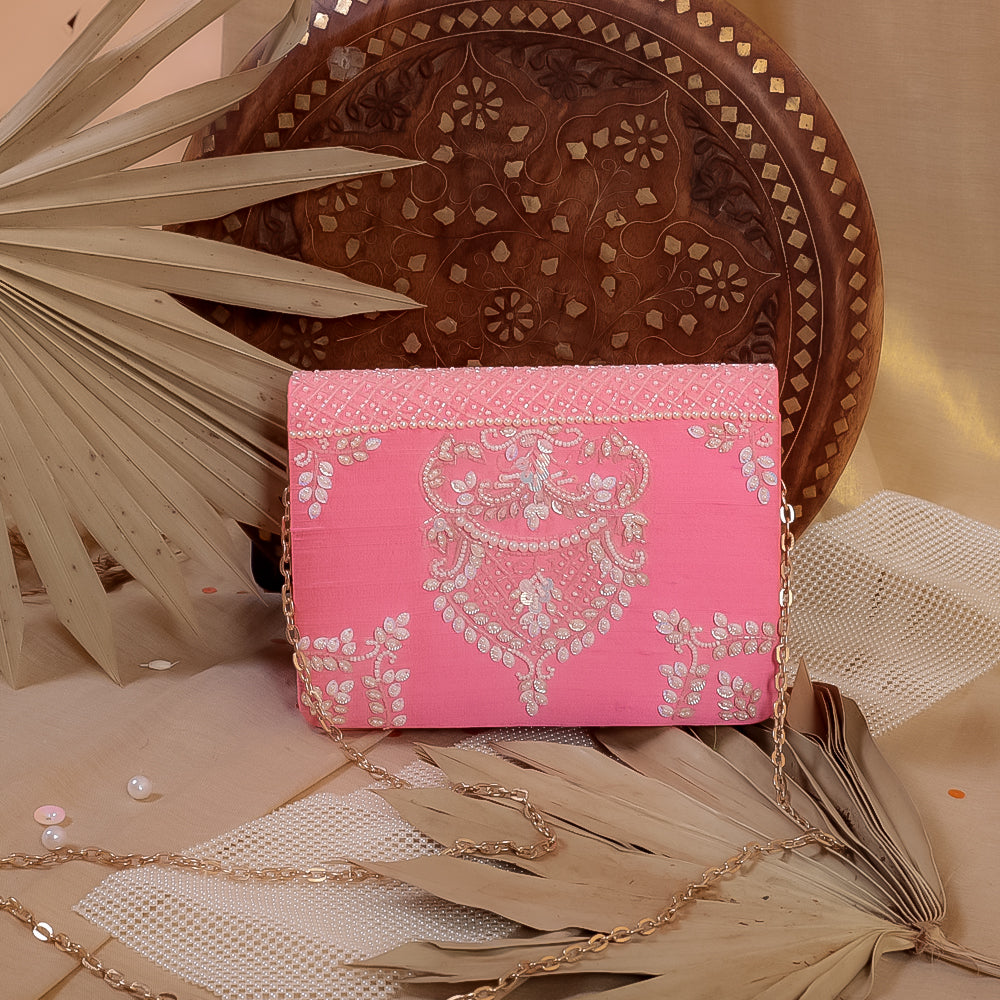 Pink Raw Silk Hand Embroidery Clutch