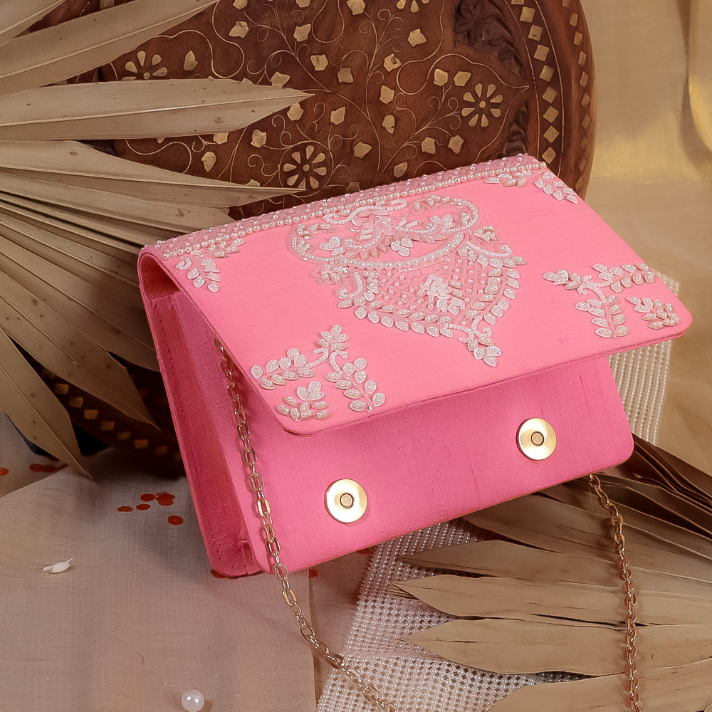 Pink Raw Silk Hand Embroidery Clutch