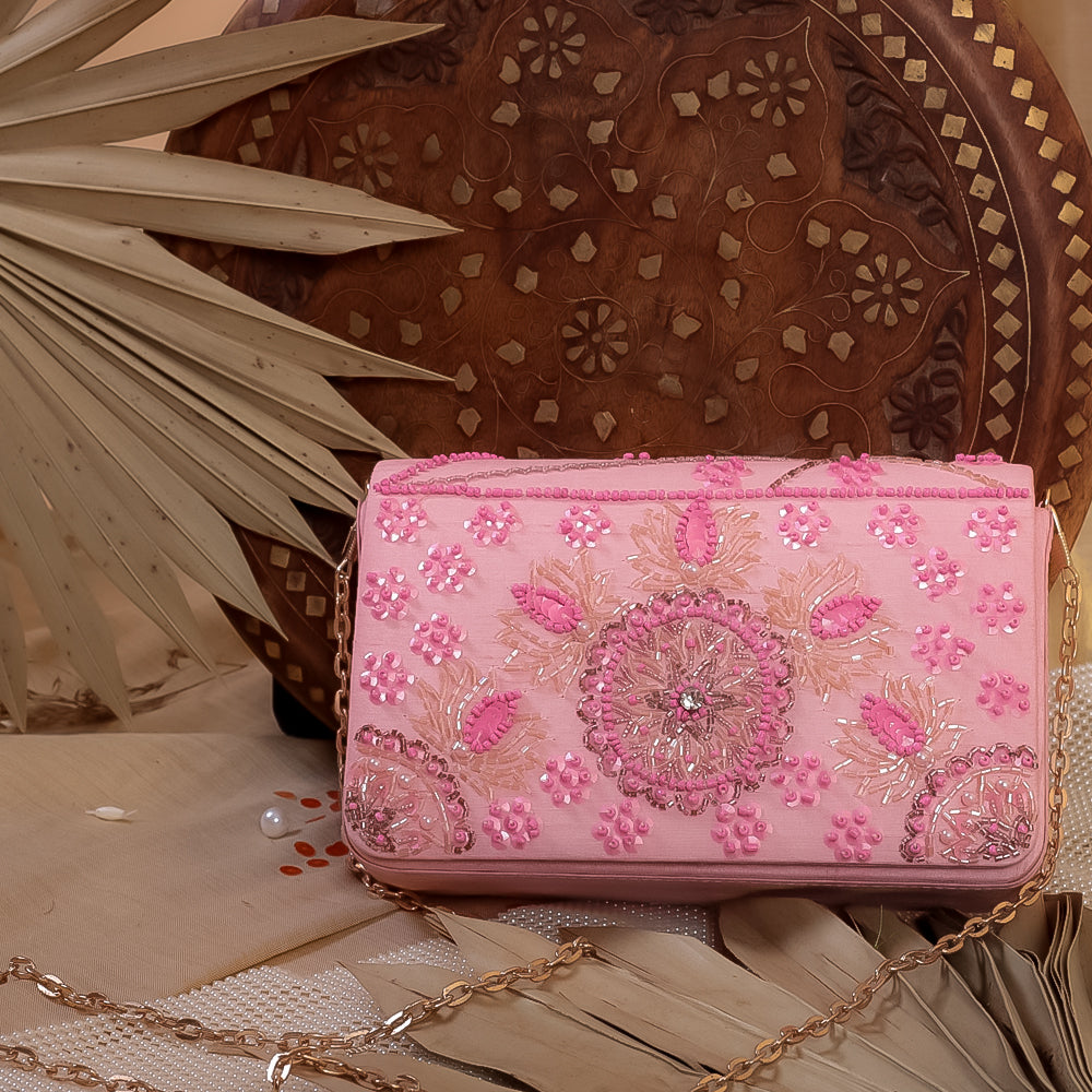 Pink Raw Silk Hand Embroidery Clutch