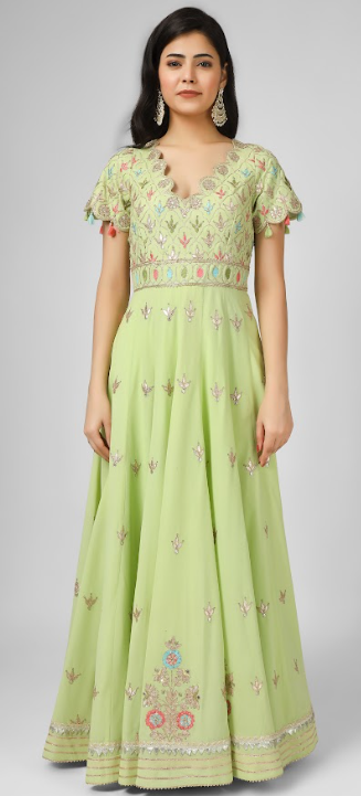 Lime Green Embroidered Georgette Anarkali Set