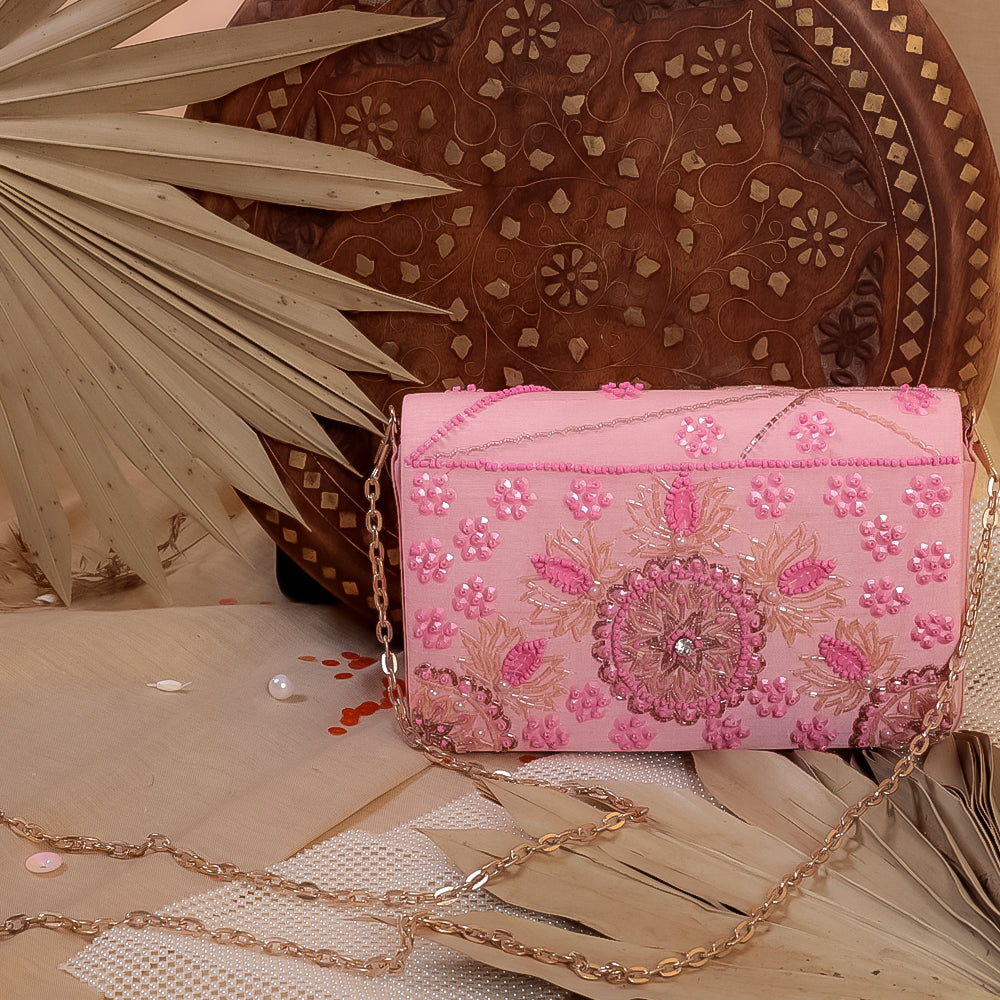 Pink Raw Silk Hand Embroidery Clutch