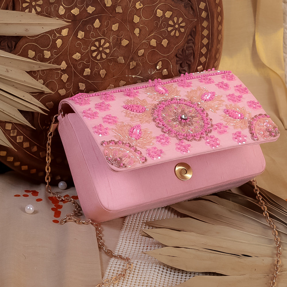 Pink Raw Silk Hand Embroidery Clutch