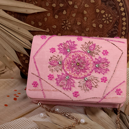 Pink Raw Silk Hand Embroidery Clutch