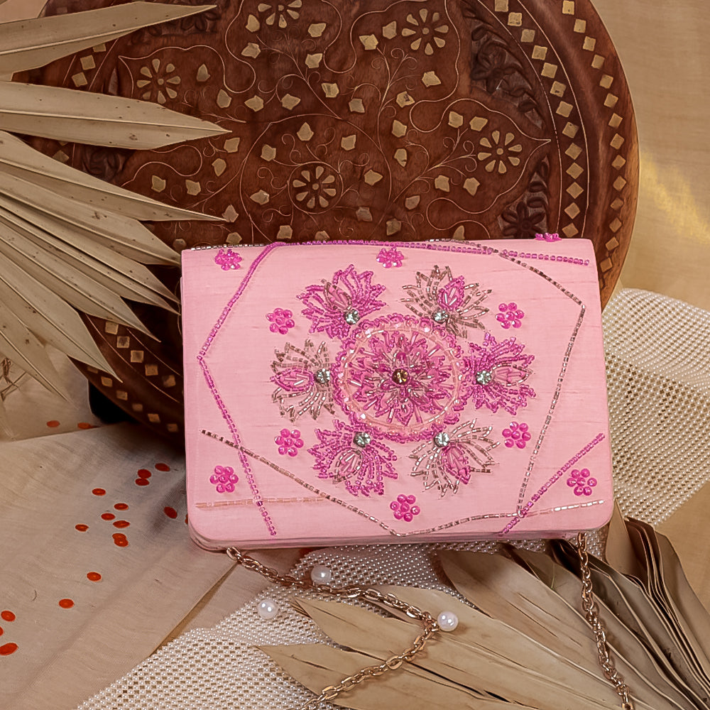 Pink Raw Silk Hand Embroidery Clutch