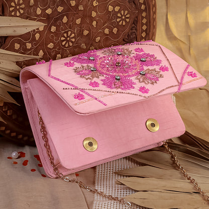 Pink Raw Silk Hand Embroidery Clutch