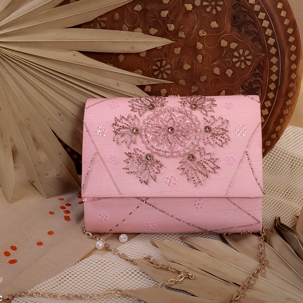 Pink Raw Silk Hand Embroidery Clutch