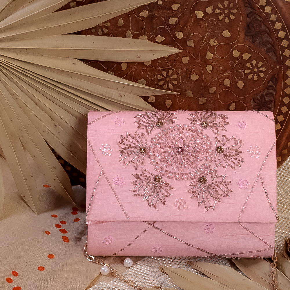 Pink Raw Silk Hand Embroidery Clutch