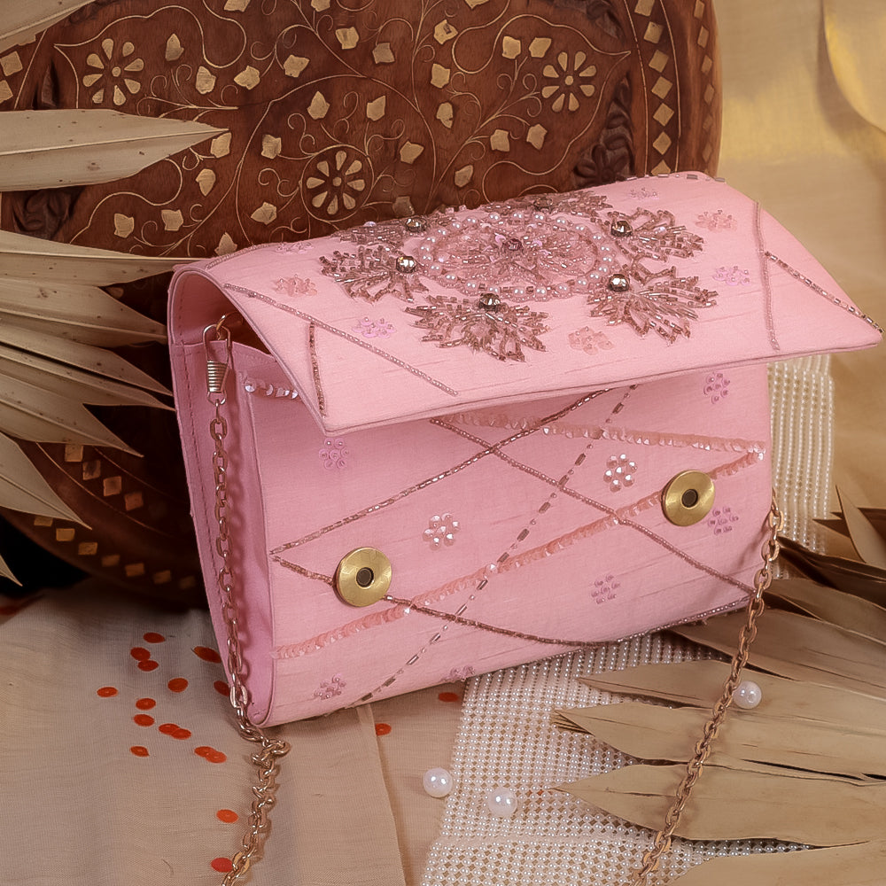 Pink Raw Silk Hand Embroidery Clutch