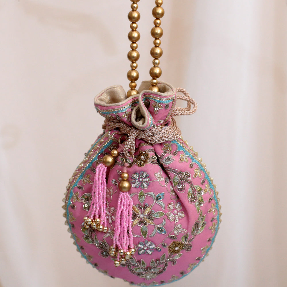 Pink Raw Silk Embroidered Potli Bag