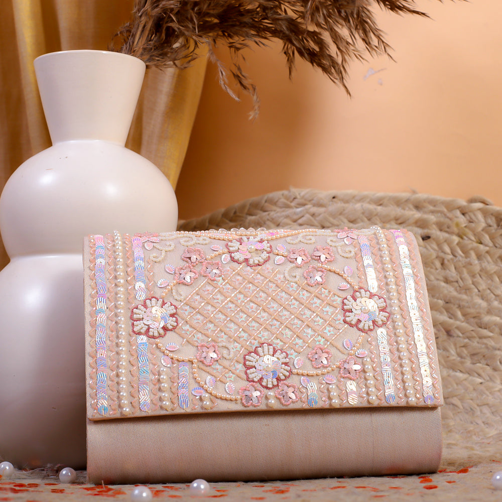 Peach Silk Tissue Hand Embroidery Clutch