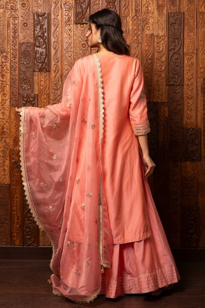 Pink Embroidered Silk Chanderi Kalidar Set