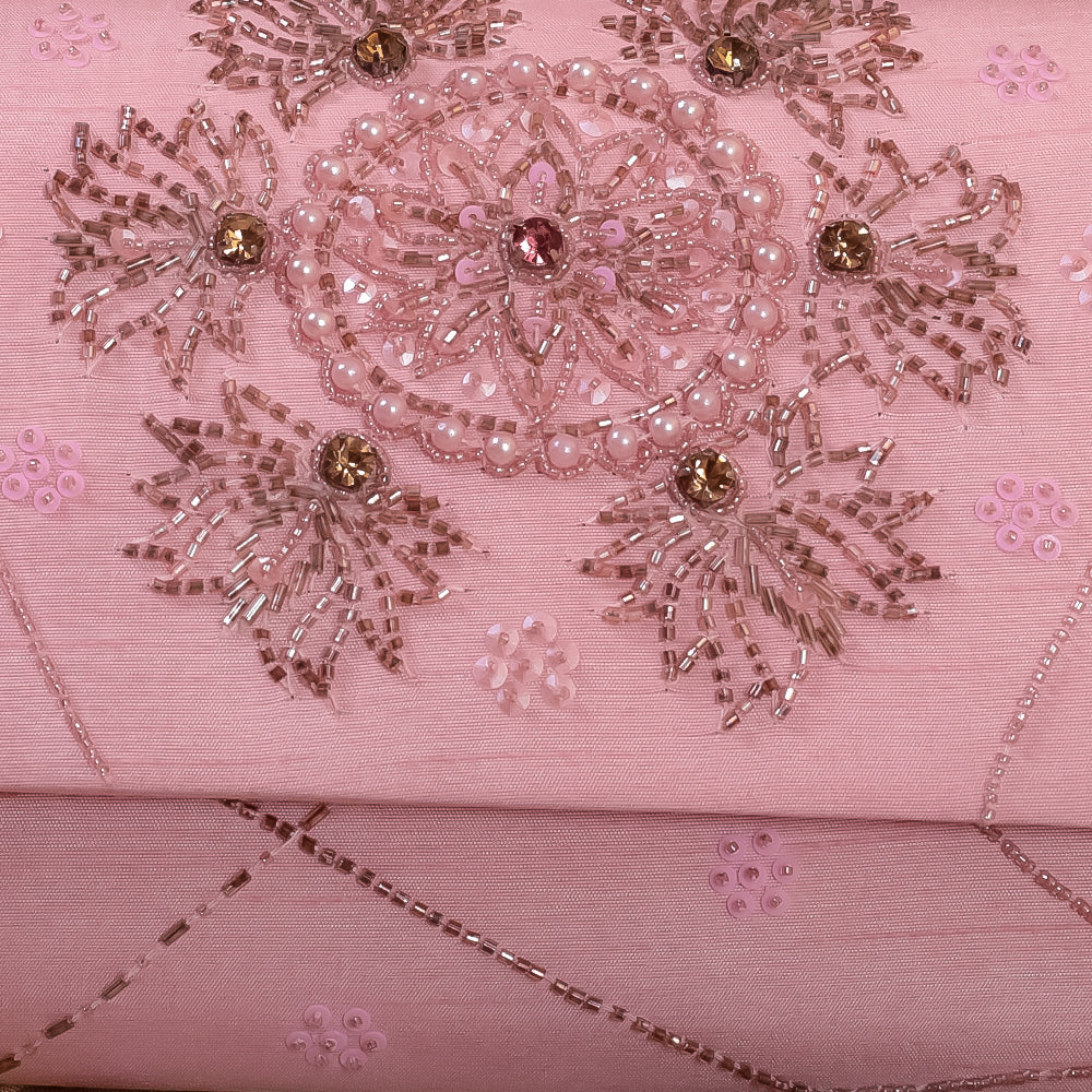 Pink Raw Silk Hand Embroidery Clutch