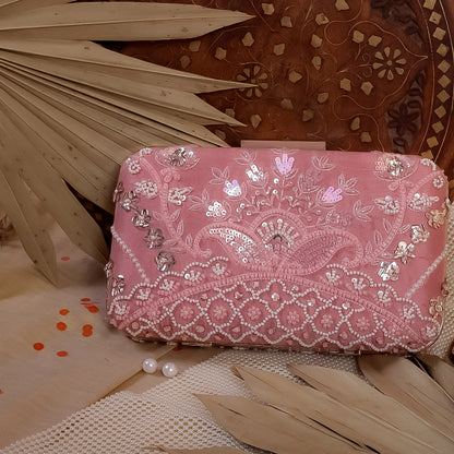 Pink Raw Silk Hand Embroidery Clutch