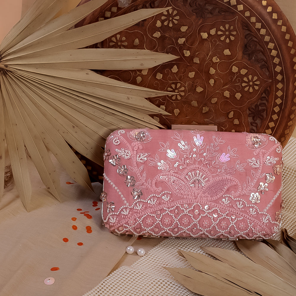 Pink Raw Silk Hand Embroidery Clutch