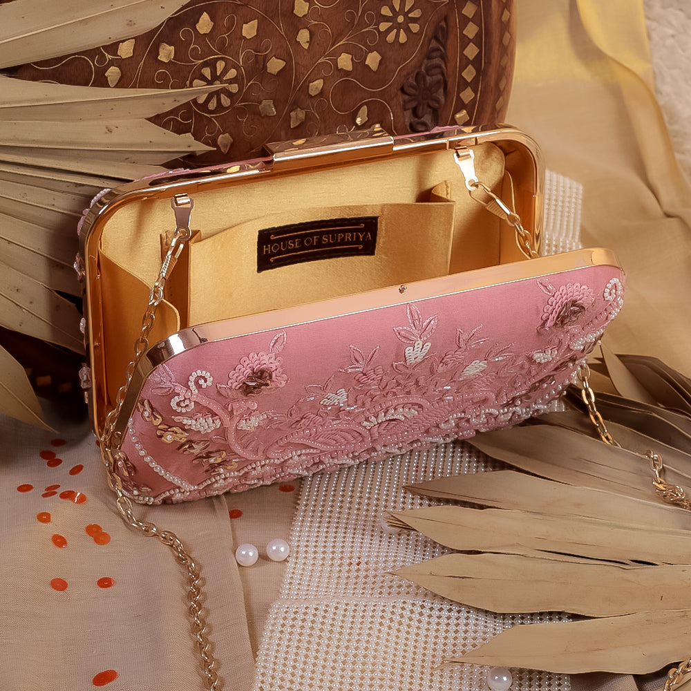 Pink Raw Silk Hand Embroidery Clutch