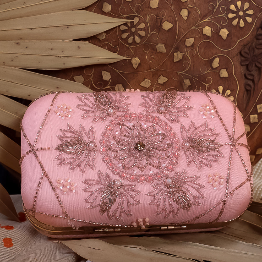 Pink Raw Silk Hand Embroidery Clutch