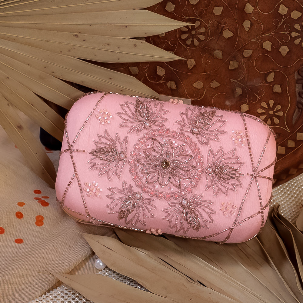 Pink Raw Silk Hand Embroidery Clutch