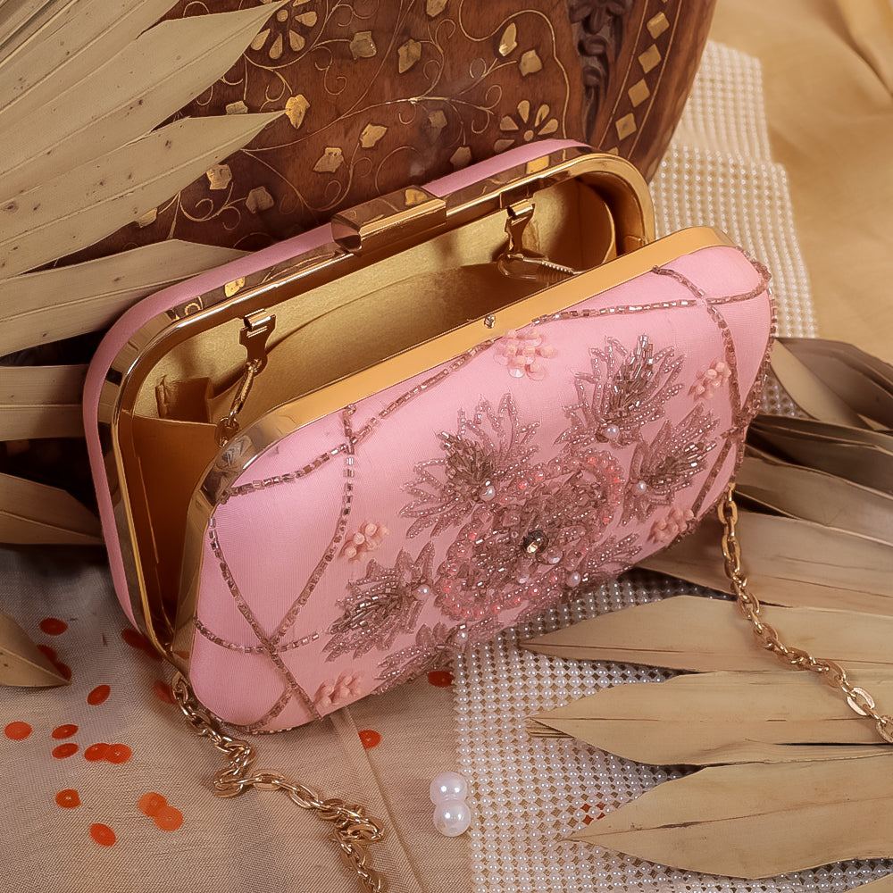 Pink Raw Silk Hand Embroidery Clutch