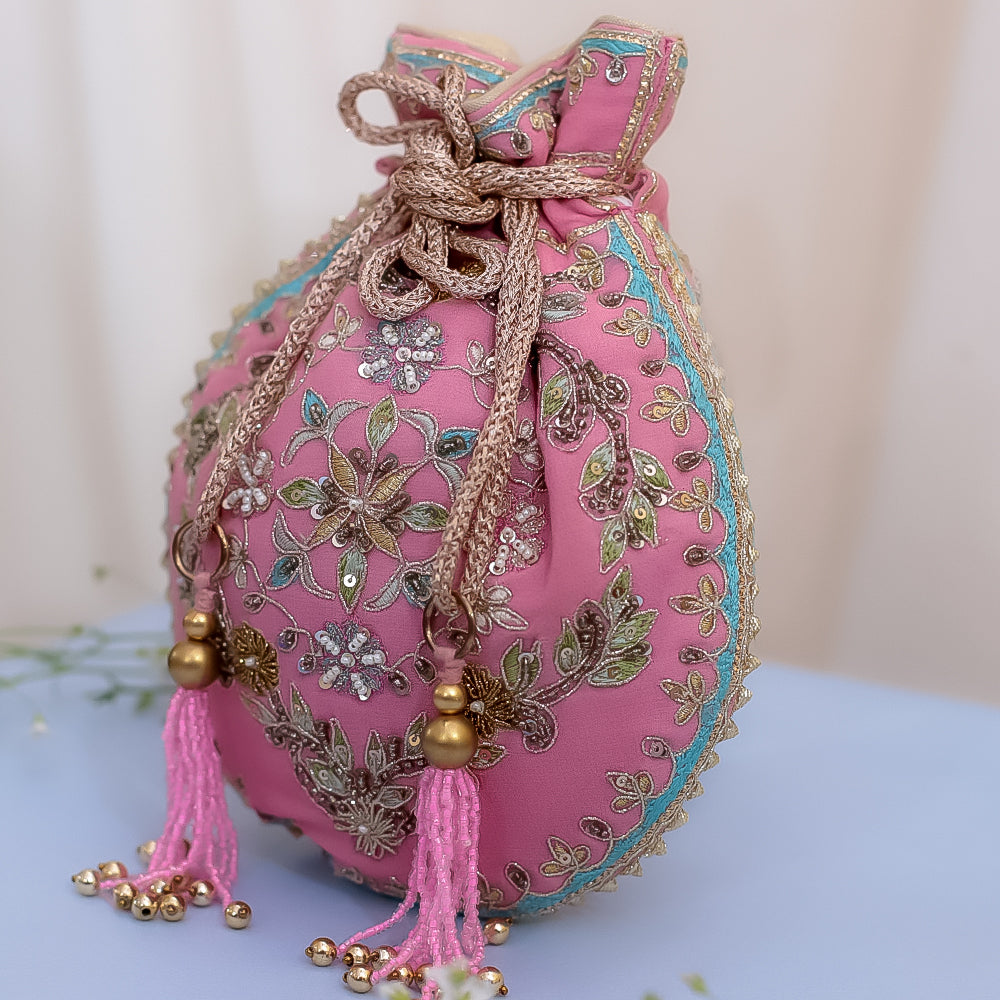 Pink Raw Silk Embroidered Potli Bag