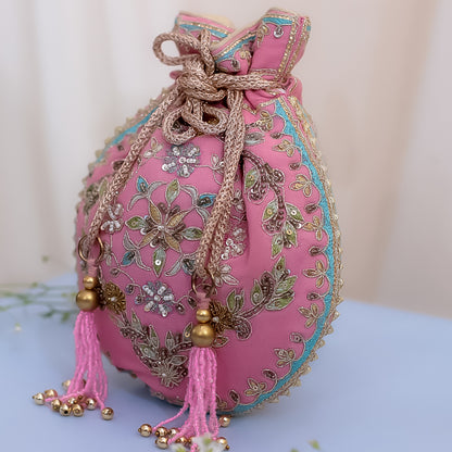 Pink Raw Silk Embroidered Potli Bag