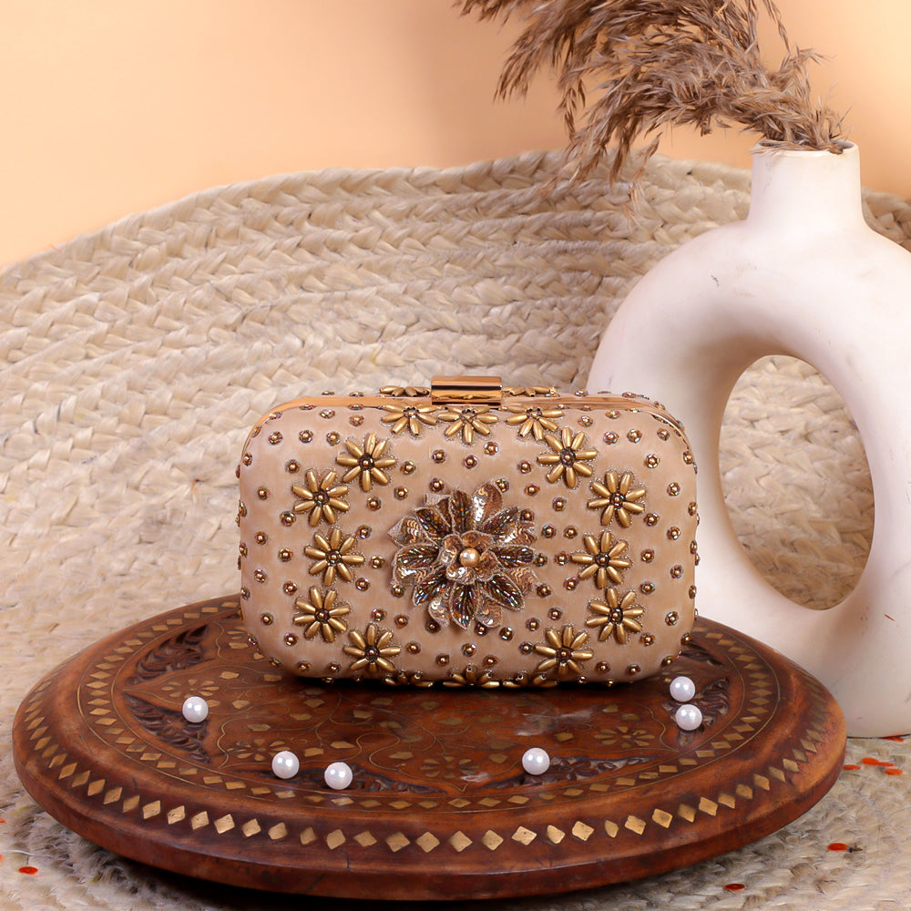 Gold Silk Tissue Hand Embroidery Clutch