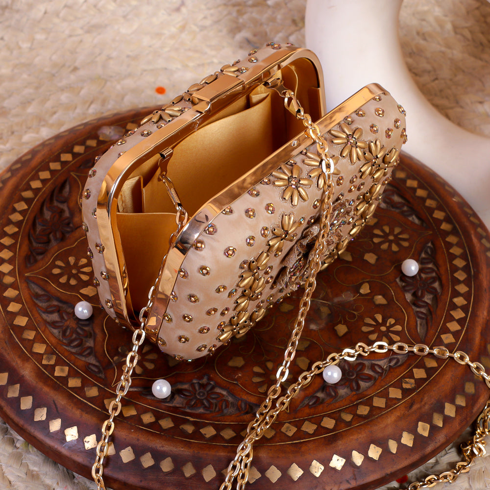 Gold Silk Tissue Hand Embroidery Clutch